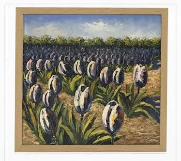 Oil painting depicting a winding fieds with a geometric shapcape with geometric sky Approx. 28" x 38"